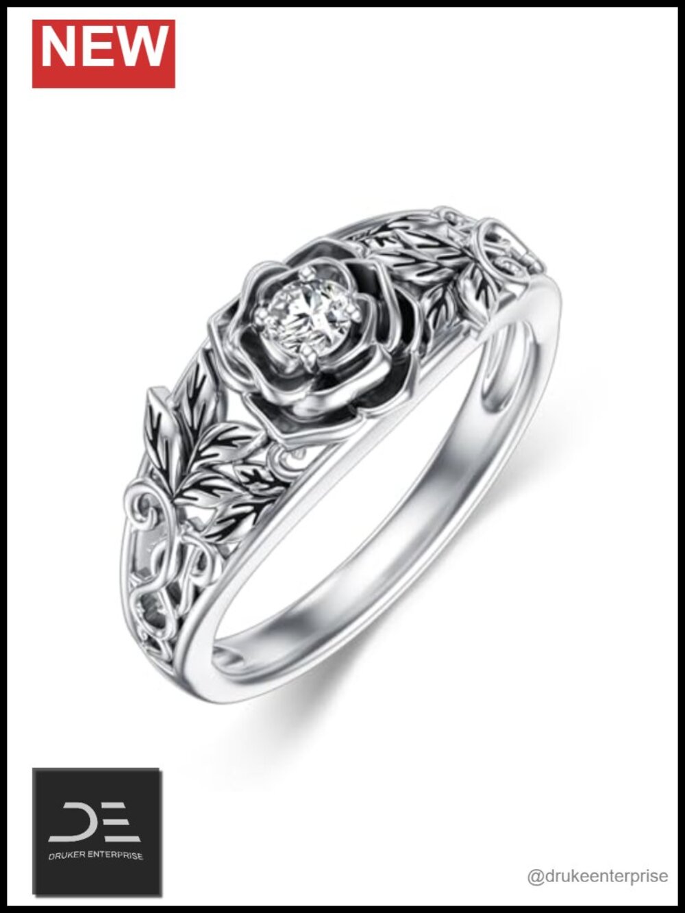 925 Sterling Silver Rose Flower Ring Lab Grown Diamond 0.1 CTTW Women Band Size